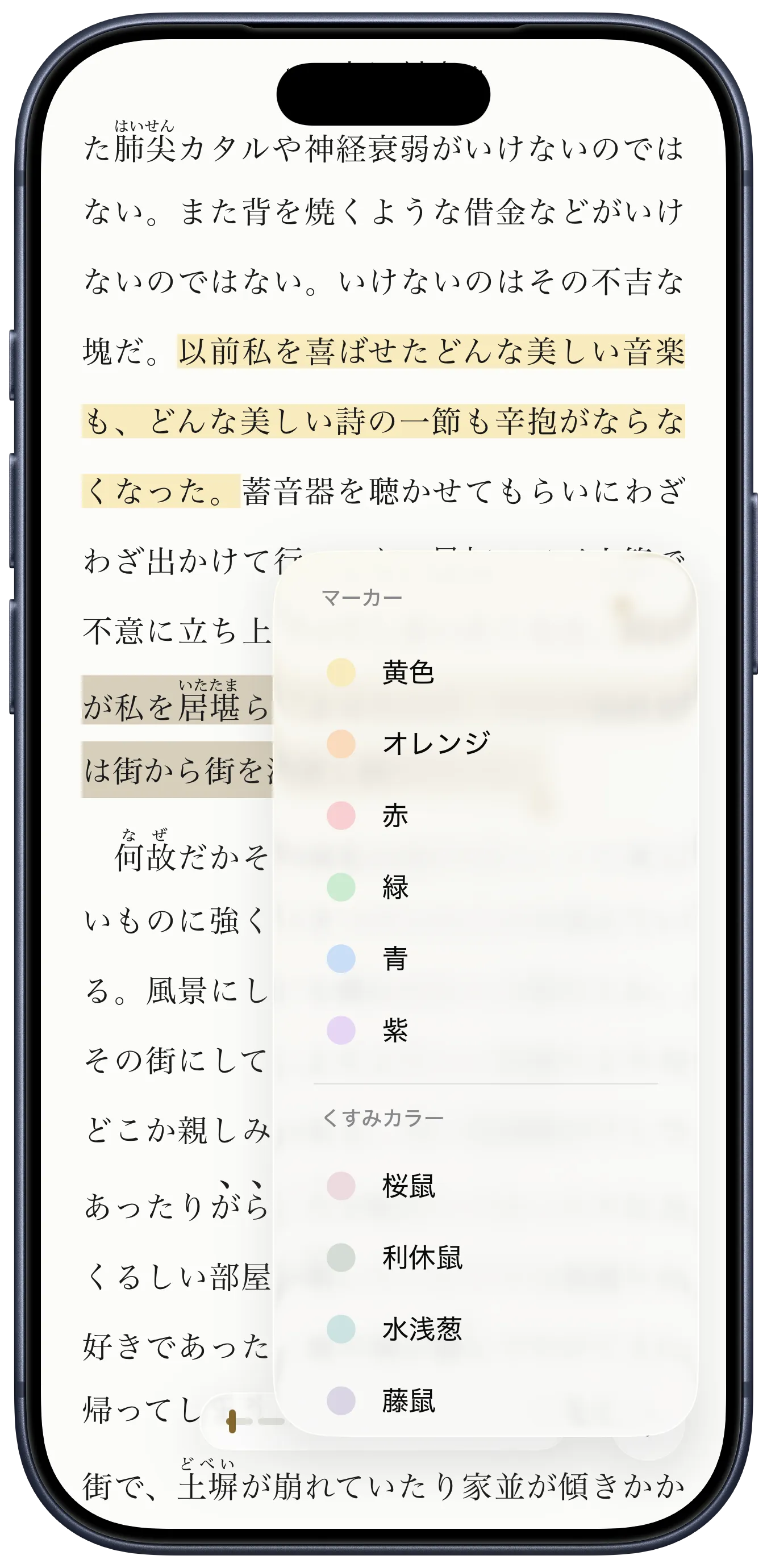 yodaka のリーダー。横書きの本文にマーカーを引き、色を選んでいる