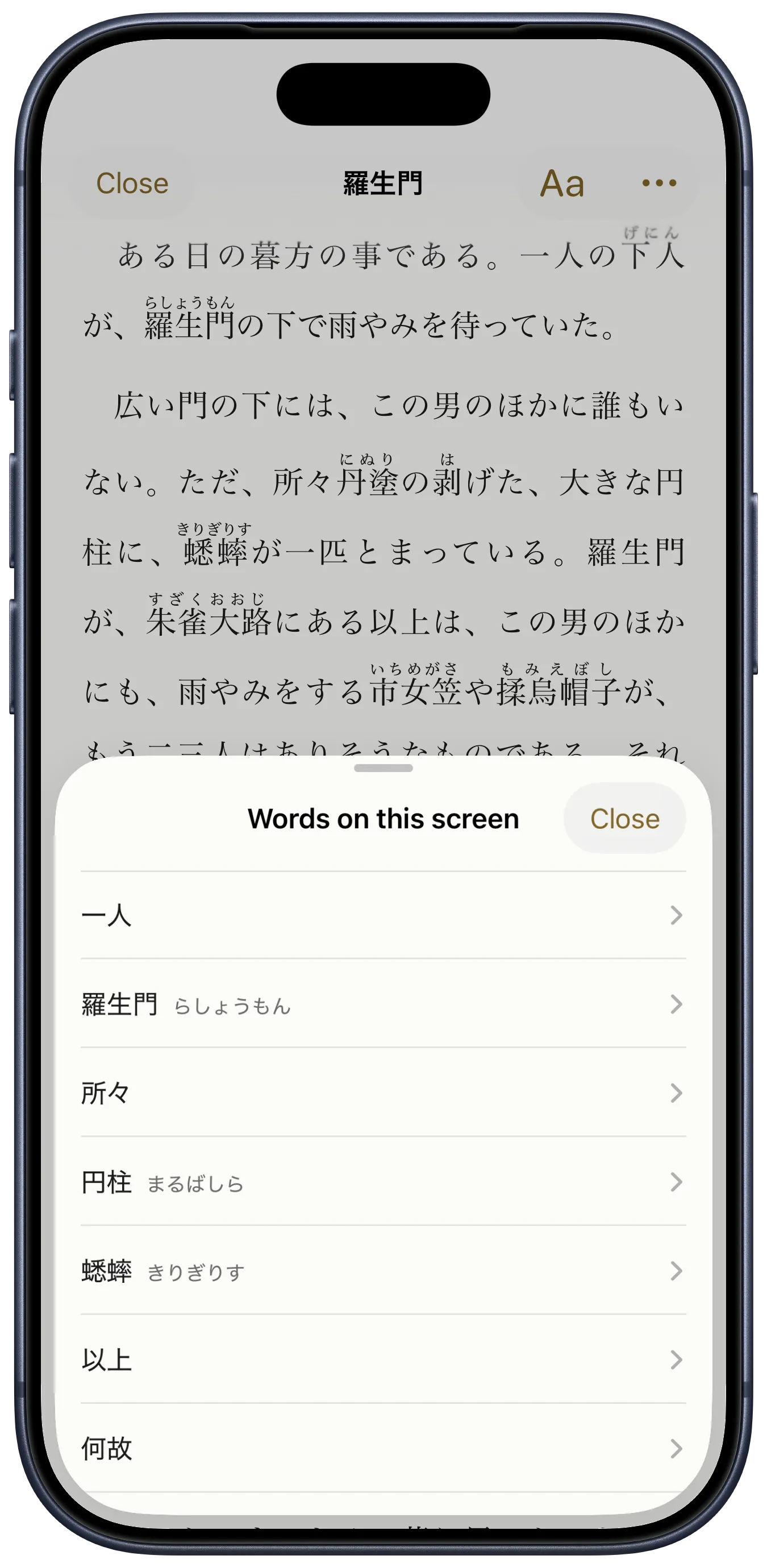 yodaka’s reader with the “Words on this screen” list open over Akutagawa’s “Rashōmon”